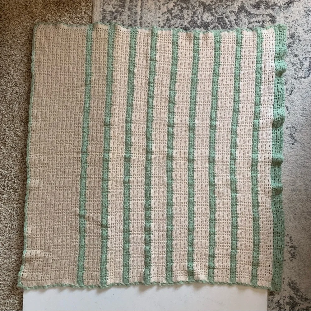 Vintage Handmade Crochet Knit Afghan Throw Blanket Green Cream Tan